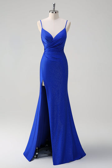Glitter Royal Blue Mermaid Spaghetti Straps increspato lungo Abito da cerimonia con fessura